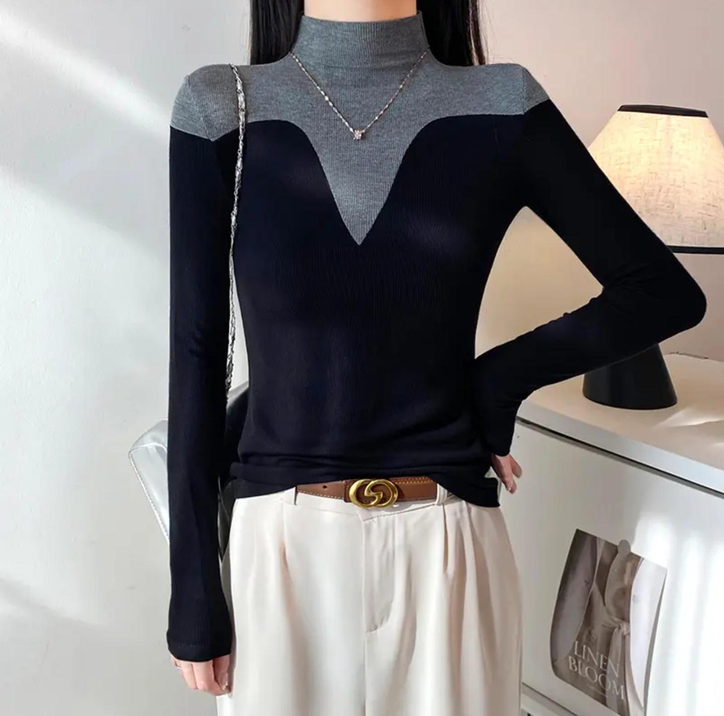 

Women s Autumn/Winter Slim Fit Irregular Color Block Long Sleeve Threaded High Collar T-shirt XL (115-125 lbs)