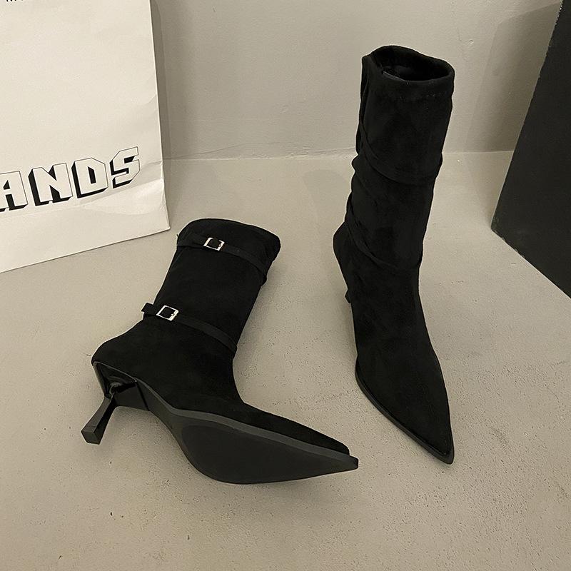 2025 Fashion Pointed Heel Suede French Skinny Boots Fashion Buckle Khaki Medium Tube Pleated Stacking Boots