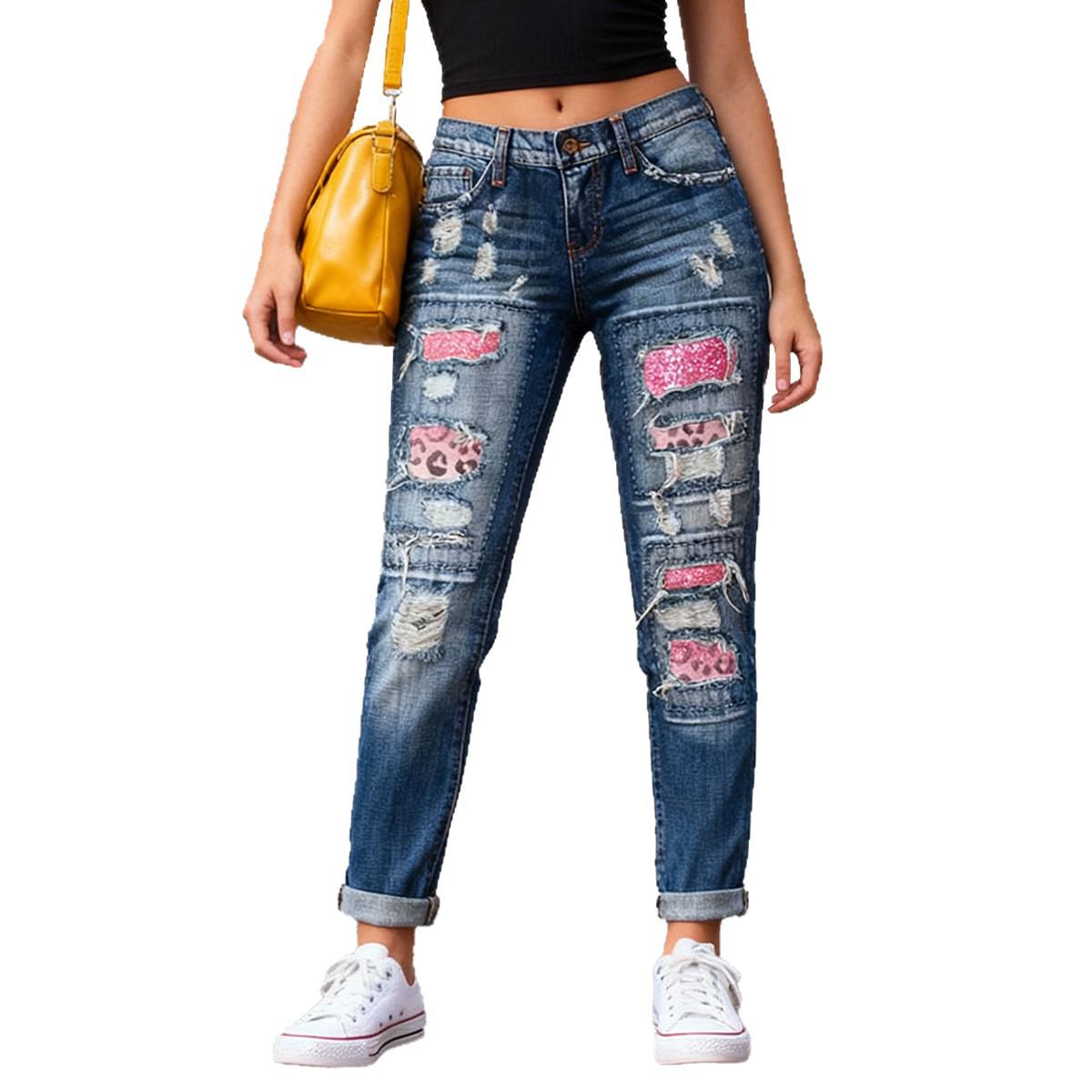 Valentine s Day Pink Leopard Print Ripped Denim Pants 3XL