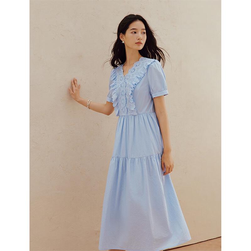 INMAN French Hollow Lace V-Neck Puff Sleeve Dress