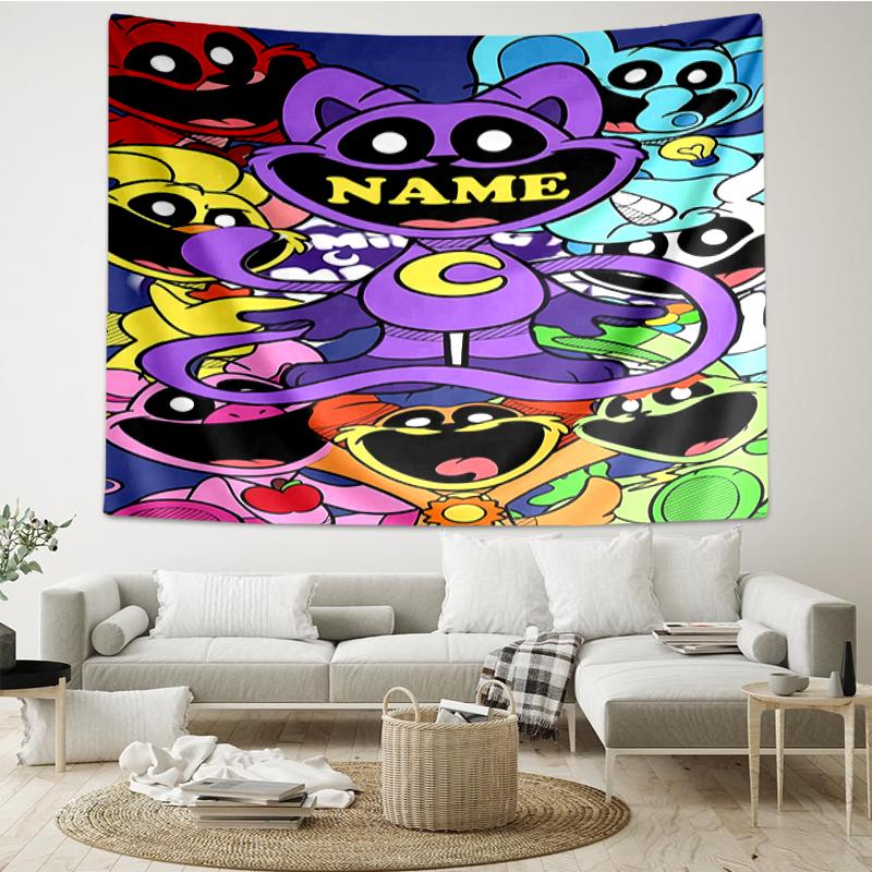 Custom Name Smiling Critters Print Tapestry, Backdrop, Easy Setup, Ideal for Bedroom, Office & Living Room, with Aesthetic Wall Hanging Decor.