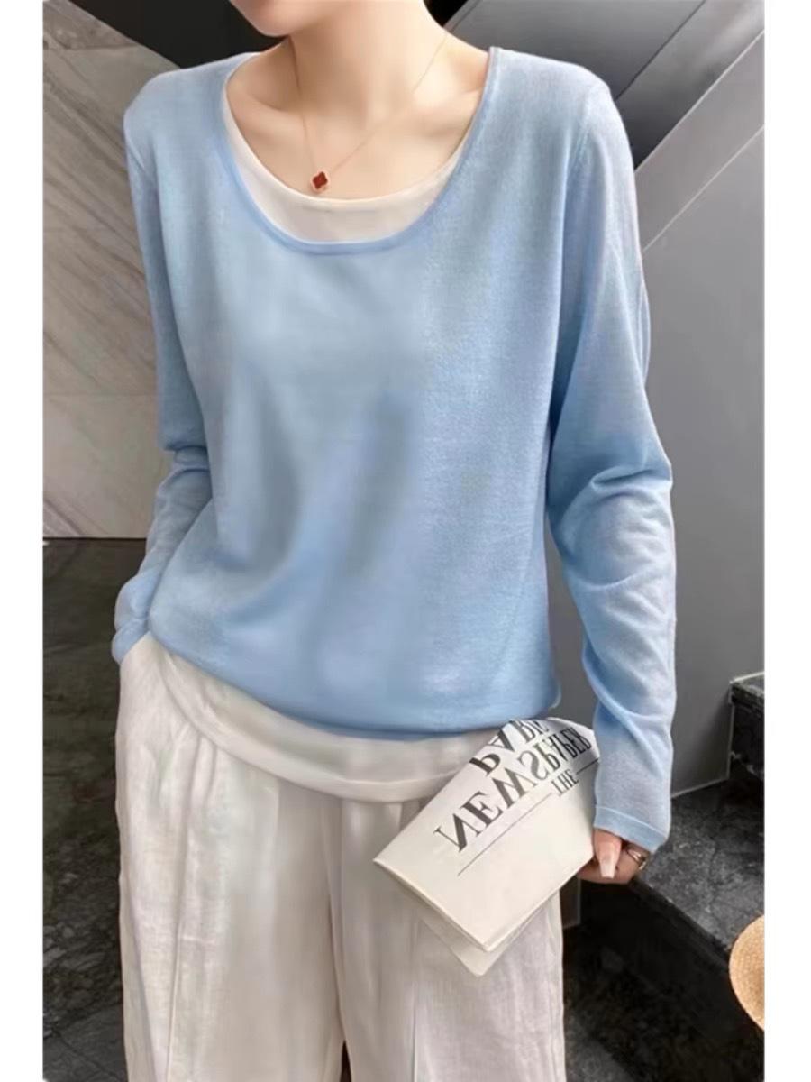 

2025 Spring Korean Fashion Knit Sweater: Relaxed Loose Two-Piece Long Sleeve T-Shirt XL синій