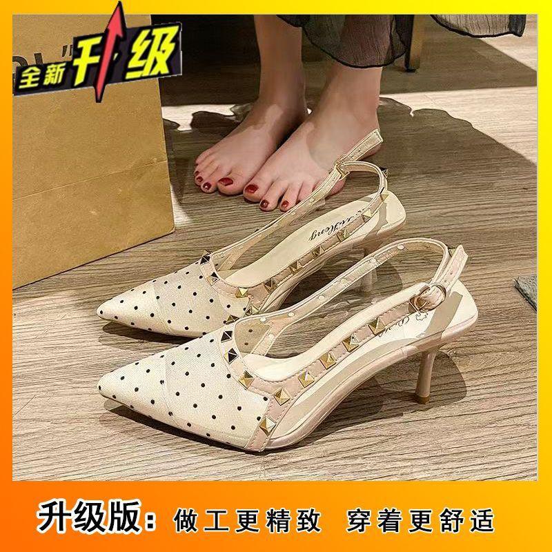 Sandals polka dot high heels with willow nails 2025 spring new mesh bag head thin heel empty women's sandals