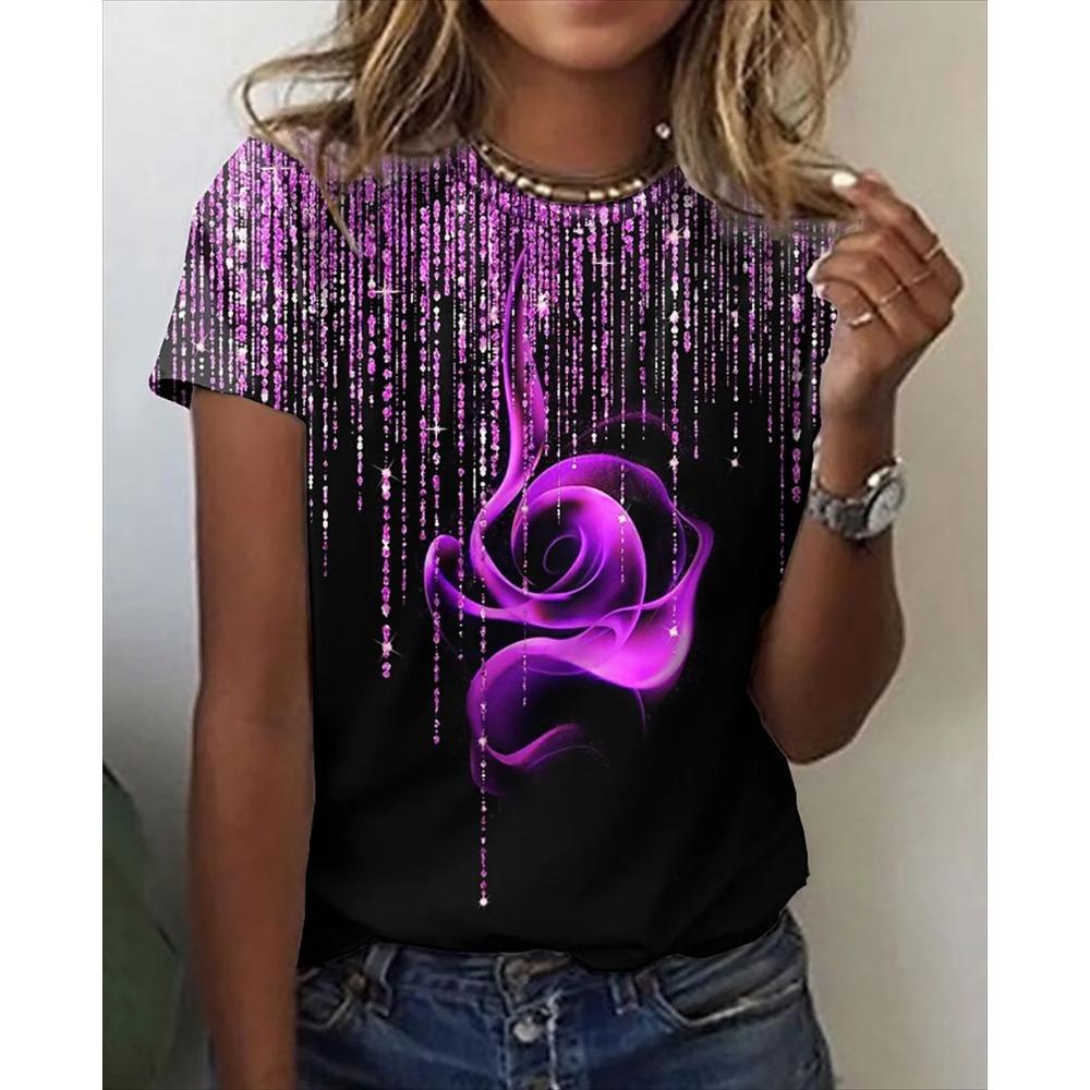 Fashionable Women's Shirt, Women's Sexy Top, Rose Print Short Sleeved T-shirt, Women's T-shirt, Women's Clothes