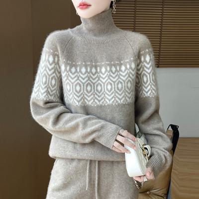 Women's Sweater Autumn and Winter 100% Merino Wool Sweater Casual Loose High Collar Pullover Fashion Korean Jacquard Women's Top