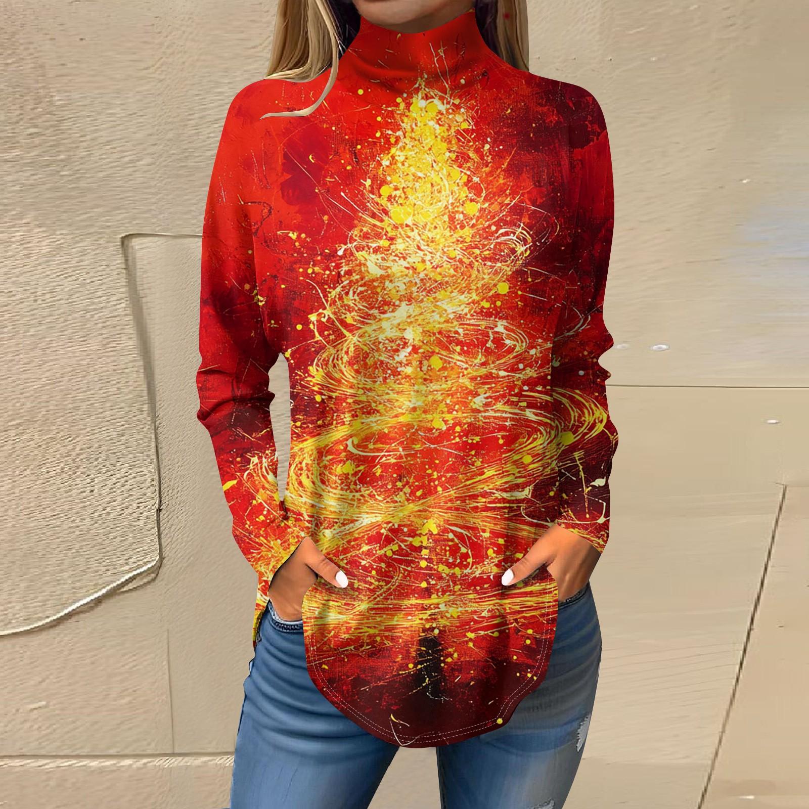 

Футболки для женщин, осенние повседневные рубашки с длинными рукавами, толстовка с винтажным принтом, топ с высоким воротом, пуловер XL красный