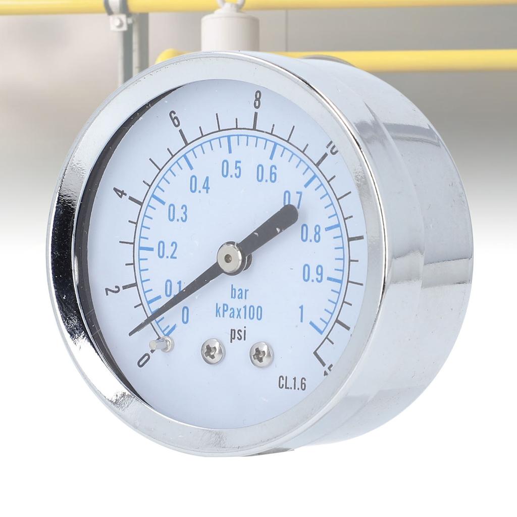 pressure gauge, dual scale 0 to 1 bar, 0 to 15 psi, with 1Celsius4 inch NPT thread and transparent cover for -water fuel systems in indu