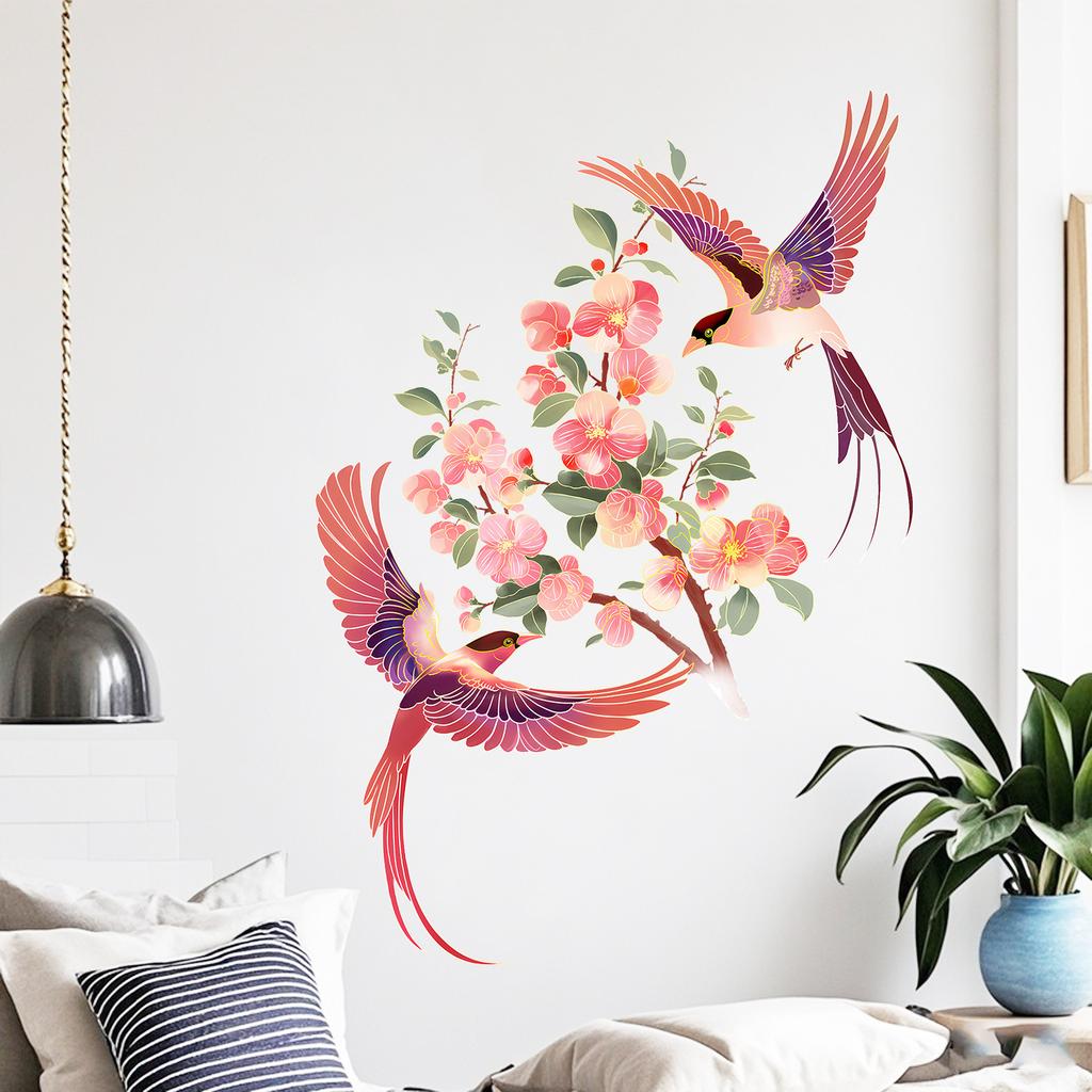 Romantic Flowers and Birds Wall Sticker Self-Adhesive Removable for Bedroom Entryway Home Decor