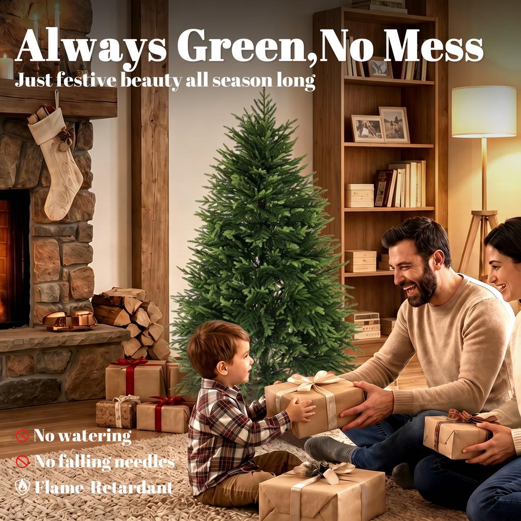 5ft Artificial Christmas Tree, Hinged Xmas Tree with Realistic 513 PE & PVC Branch Tips, Fir Wood Base, Green