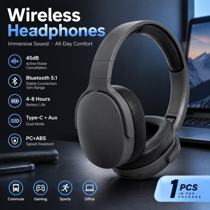 Over-Ear Bluetooth Headphones with 45dB ANC and BT 5.1