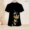 Women Plus Size Keyhole Neck Short Sleeve Butterfly Printed Black Nurse Scrub Top With Pockets