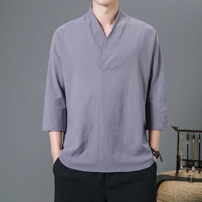 Spring Summer 2025 New Chinese Style T-Shirts Fashion Men Three-Quarter Sleeve V-Neck Tops Tees Men Casual Solid-Color Hanfu