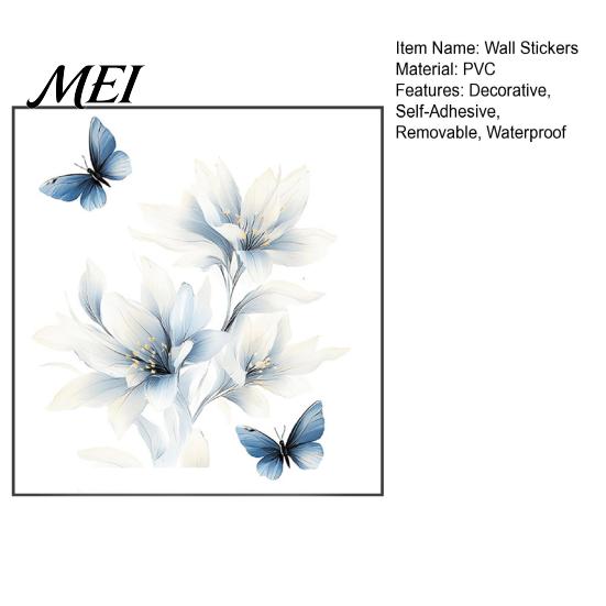 Botanical Wall Accents for Modern Interior Ink-Washed Blue Floral Stickers with Butterflies, Delicate Lily Peel And Stick Waterproof Decorative