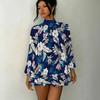 Women's 3D Pink Grey Plaid Print Mock Neck Long Sleeve Dress, Raglan Sleeve Fake Two Piece Mini Dress