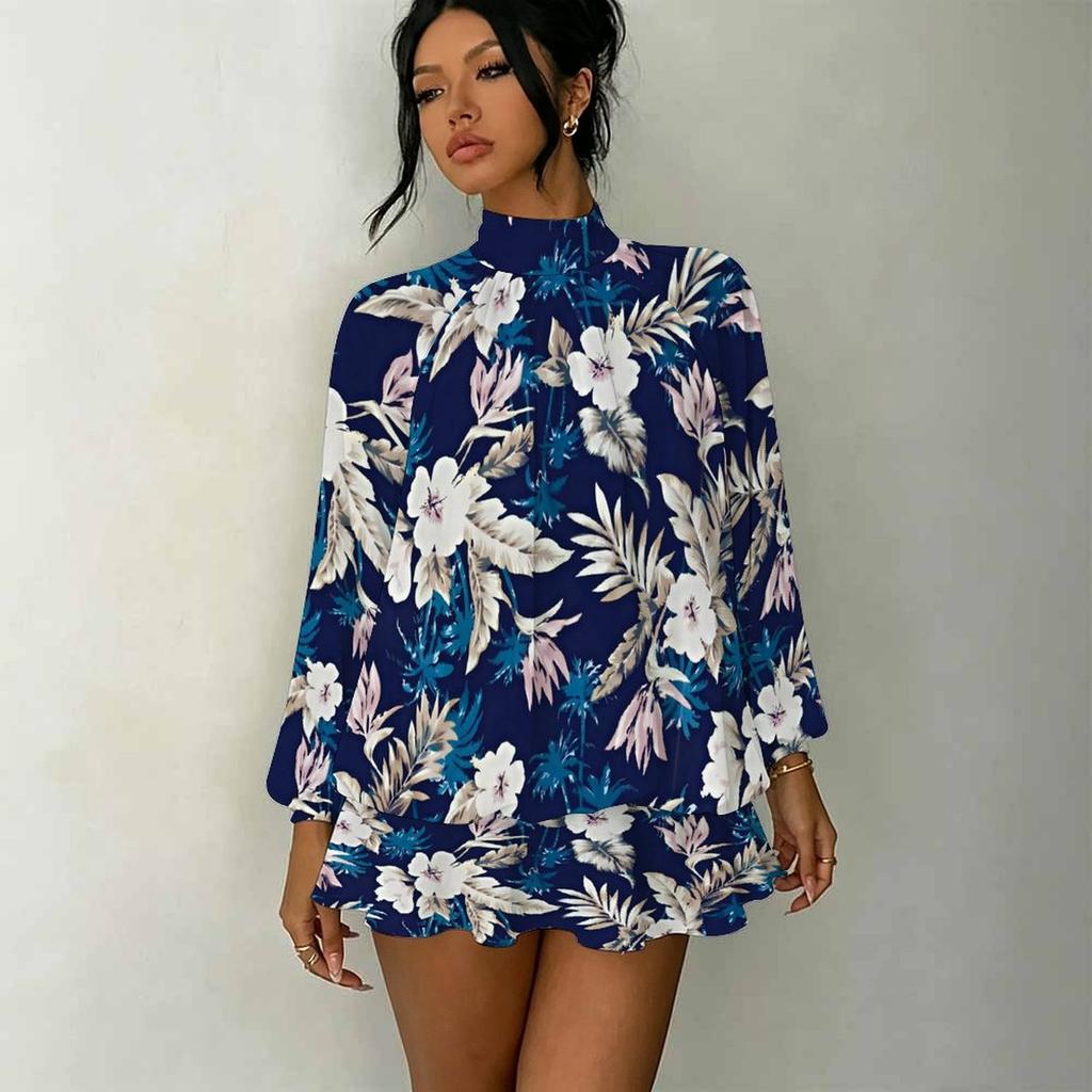 Women's 3D Pink Grey Plaid Print Mock Neck Long Sleeve Dress, Raglan Sleeve Fake Two Piece Mini Dress