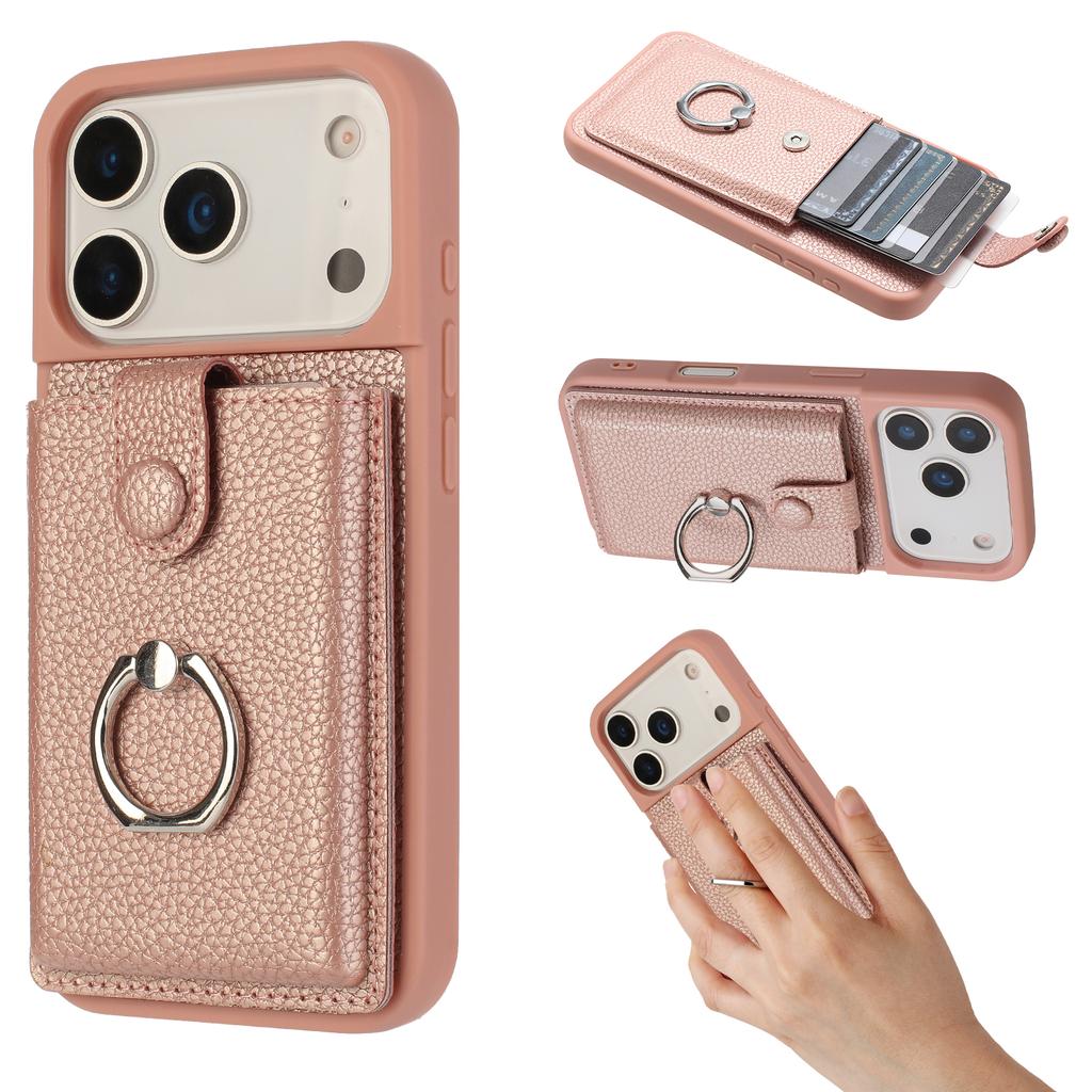 For iPhone 17 Pro Case with Ring Kickstand Drawing Type Card Slots Leather Back Cover