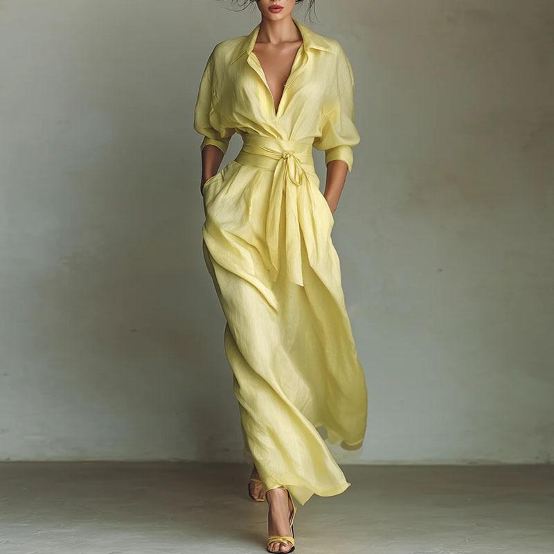 

Elegant Lace Up High Waist Long Dress Women Turn Down Collar Hollow Party Dress Spring Sleeve Pocket Maxi Dress XS жовтий