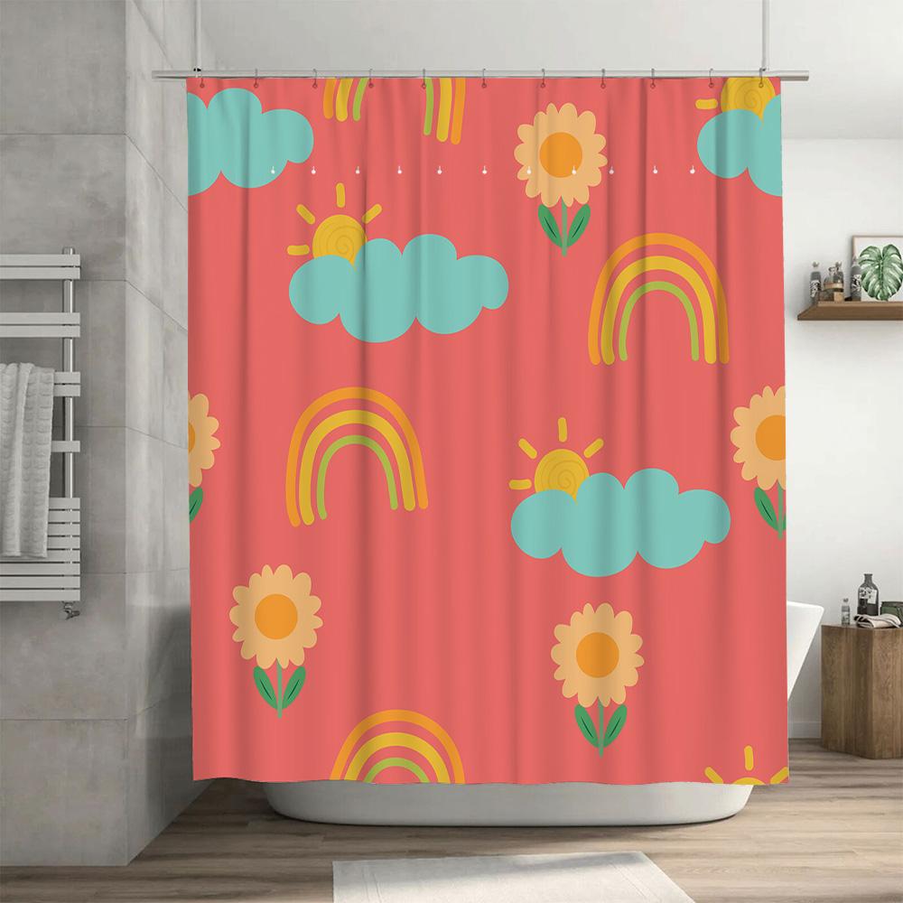 Pink Shower Curtain With Sunshine Clouds Rainbow Flowers Decorative Waterproof Bath Mat Room Home Decoration Printing Size: 180X