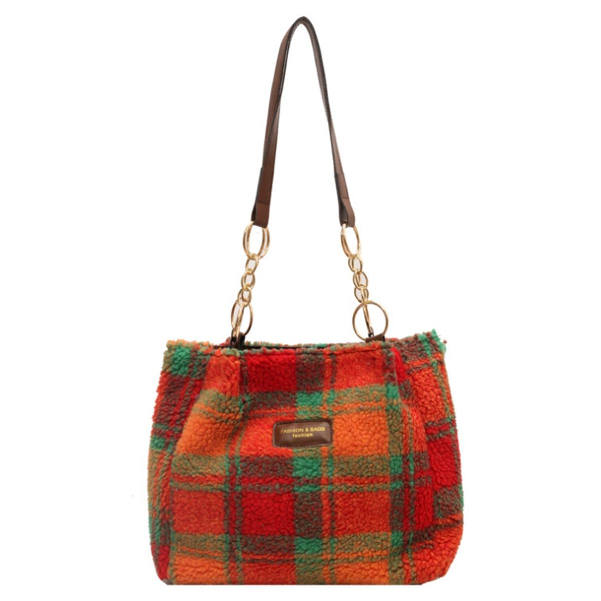 

Red plaid plush bag autumn and winter new lamb velvet hand underarm bag Fashi plaid shoulder bag large capacity Tote bag червоний