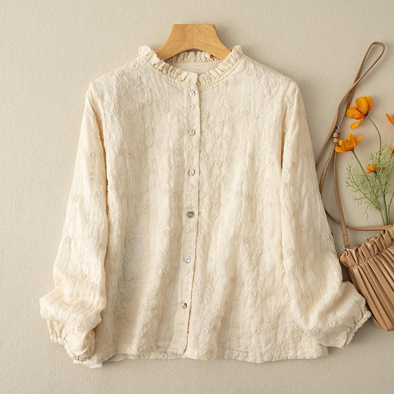 Heavy Industry Embroidered Ramie Shirt Women's Literary and Artistic Temperament Women