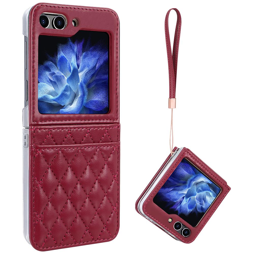 Premium Leather Z Flip 4 Case with Hand Strap and Card Slot for Samsung Galaxy Z Flip 4, Pink