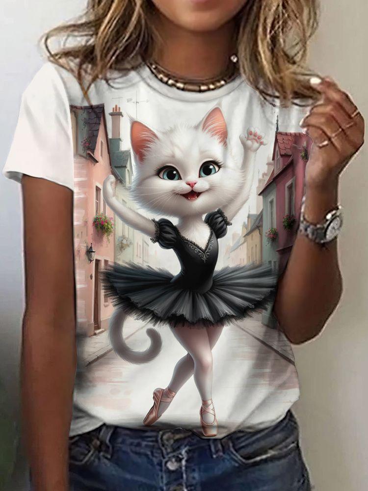 Summer Cute Cat Dances Ballet T-Shirts 3D Print Women Men Short Sleeve Round Neck T Shirt Tees Harajuku Y2K Tops Unisex Clothing