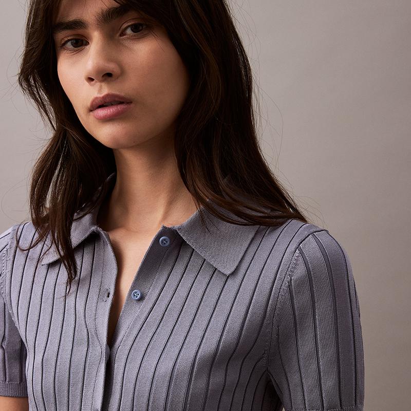 Calvin Klein Casual Striped Texture Polo Short Sleeve Knit Top Women tops Dark-Blue 47AB304-RLW