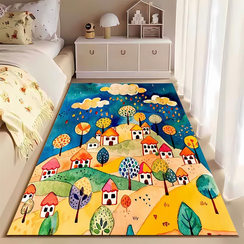 Colorful Cartoon Village Pattern Carpet with Trees and Clouds Design Suitable for use as an anti-slip for living room bedroom sofas