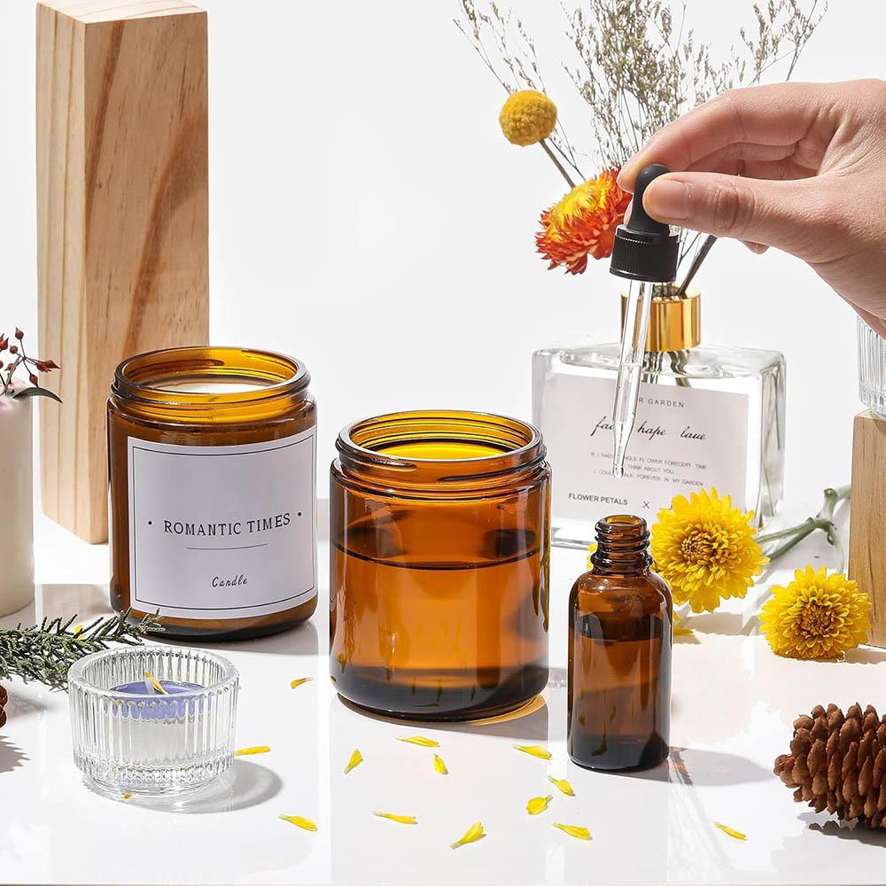 8oz Amber Glass Jars with Black Lids - For Candle Making, Food Storage, Canning, Spices, Liquids