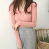 Women Tops V-neck Long Sleeve Slim Fit Pullover Sweater Solid Color Ribbed Bottom Sweater Elastic Knitwear