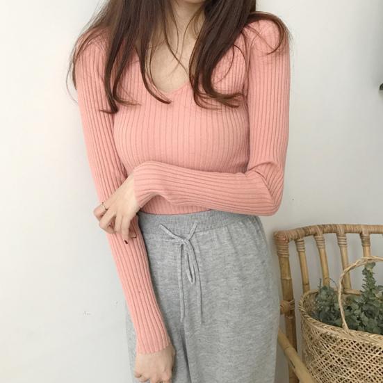 Women Tops V-neck Long Sleeve Slim Fit Pullover Sweater Solid Color Ribbed Bottom Sweater Elastic Knitwear