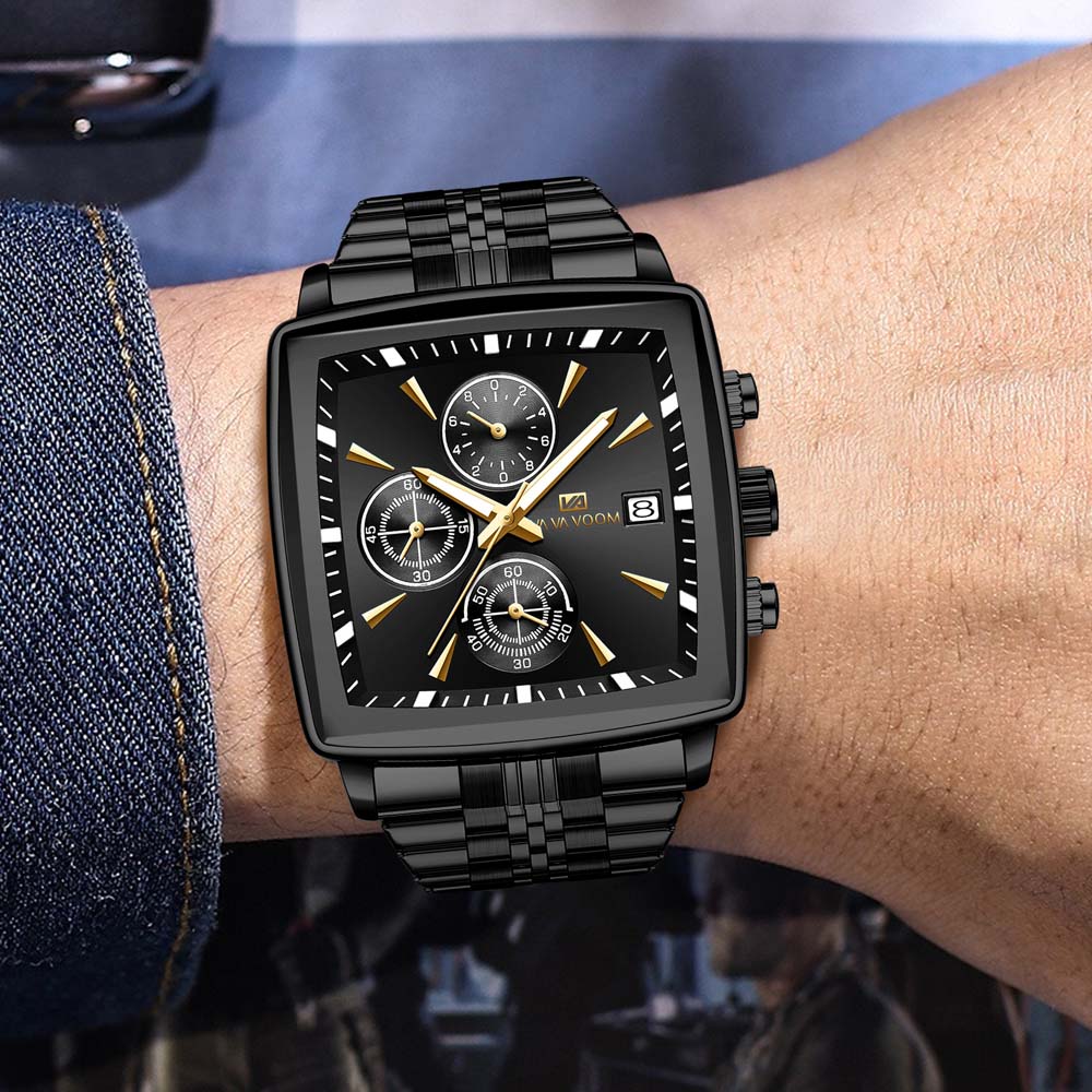 VAVAVOOM Multifunctional Men's Quartz Watch Chronograph Waterproof Luminous Date Display Stainless Steel Men's Wristwatch