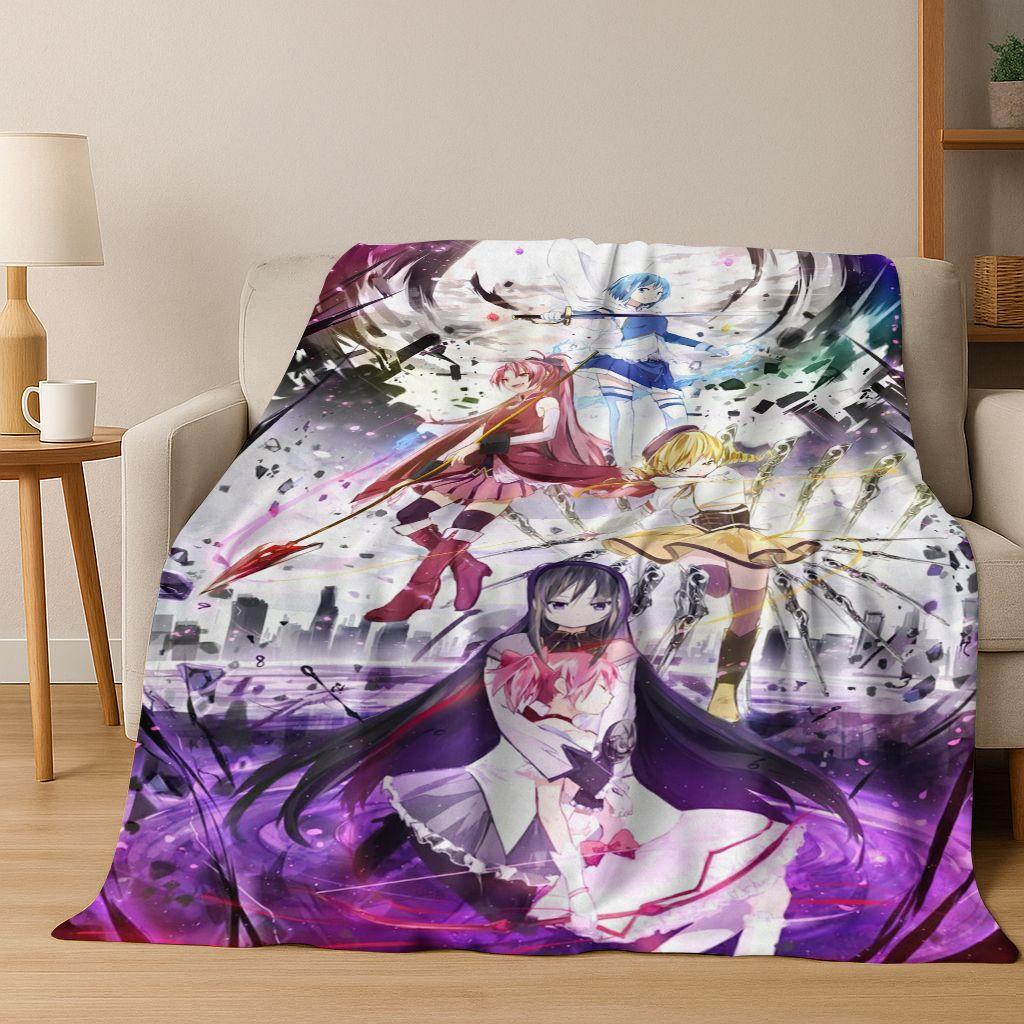 Cartoon Puella Magi Madoka Magica Girl Anime Art Flannel Blanket,Cozy Soft Throw Blanket for Home Bedroom Bed Sofa Cover Kids