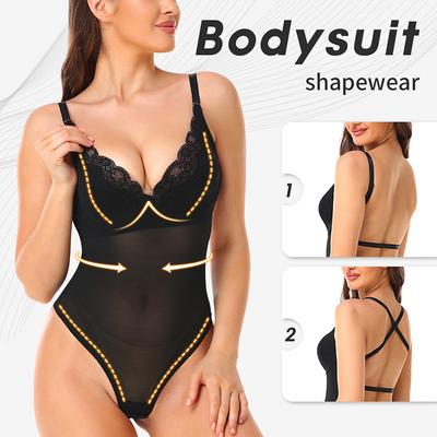 Convertible 2-Way Straps Lace Deep V Low Back Bodysuit Shapewear, Push Up Evening Gown Undergarment
