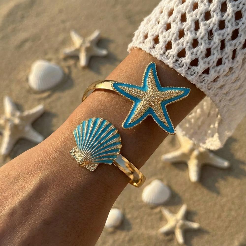 Creative Pearl Shell Starfish Cuff Enamel Ocean Vibe Metal Bracelet Gold Color Irregular Open Bangle Women