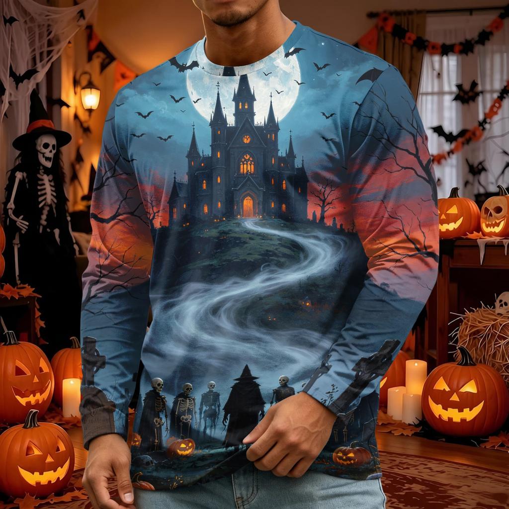 Men's Halloween Printed Long Sleeve Neck T-Shirt for Costume Party