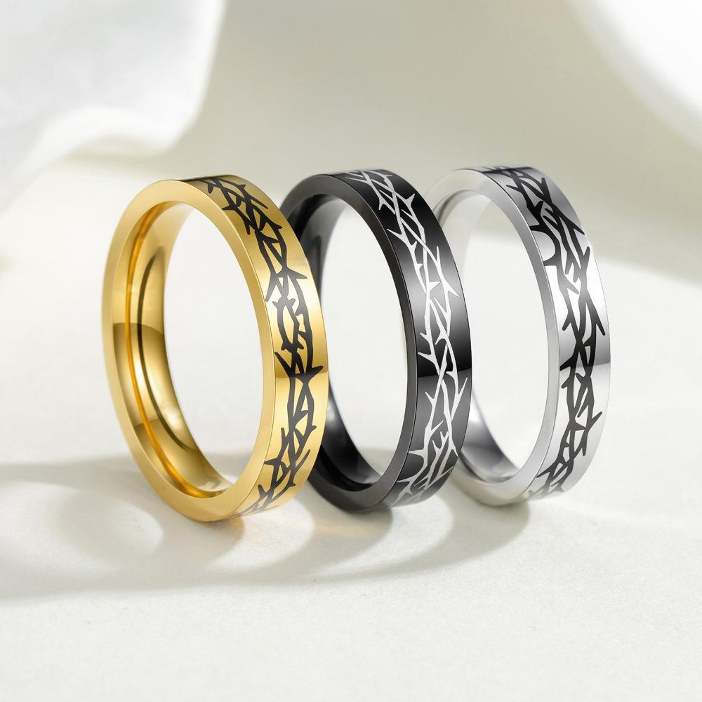 4MM Women Stainless Steel Rings for Engagement Wedding Band Jewelry Thorns Print Polished Titanium Steel Rings Gift
