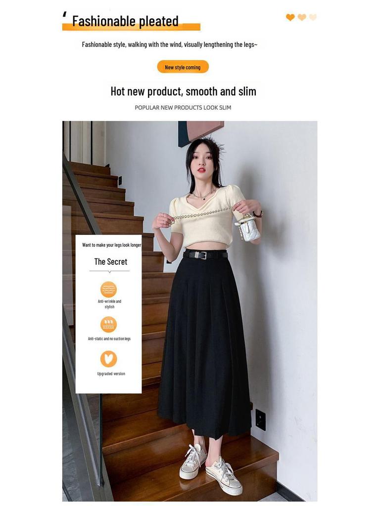 High-Grade Pleated Grey Skirt for Petite Women - High Waist, Mid-Length, Spring & Autumn 2025