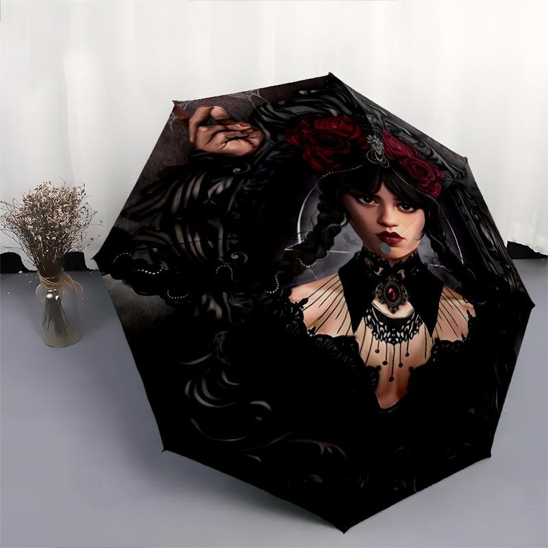 1pc Wednesday & Enigmatic Crow Cartoon Umbrella, Portable 3-Fold Compact Umbrella, Suitable for Camping, Hiking and Travel, Ideal Easter Birthday