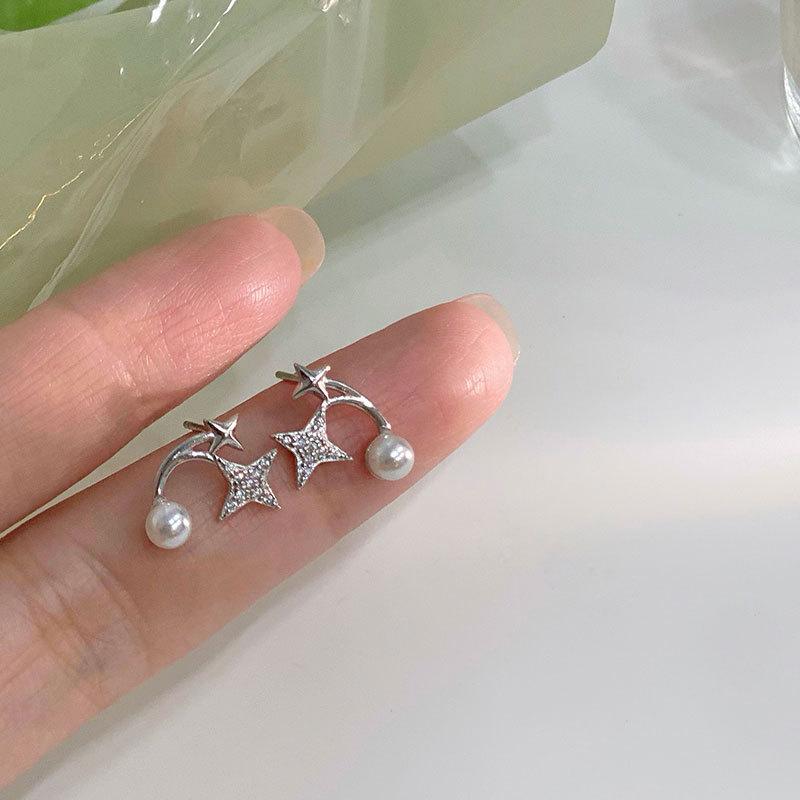 Super Fairy Four-pointed Star Pearl Earrings Star Earrings Sweet Niche Design Earrings for Women