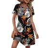 Women Short Sleeve Floral Print Crew Neck Casual Waist Tie Dress with Pockets Lightweight Relaxed Fit Summer Dress