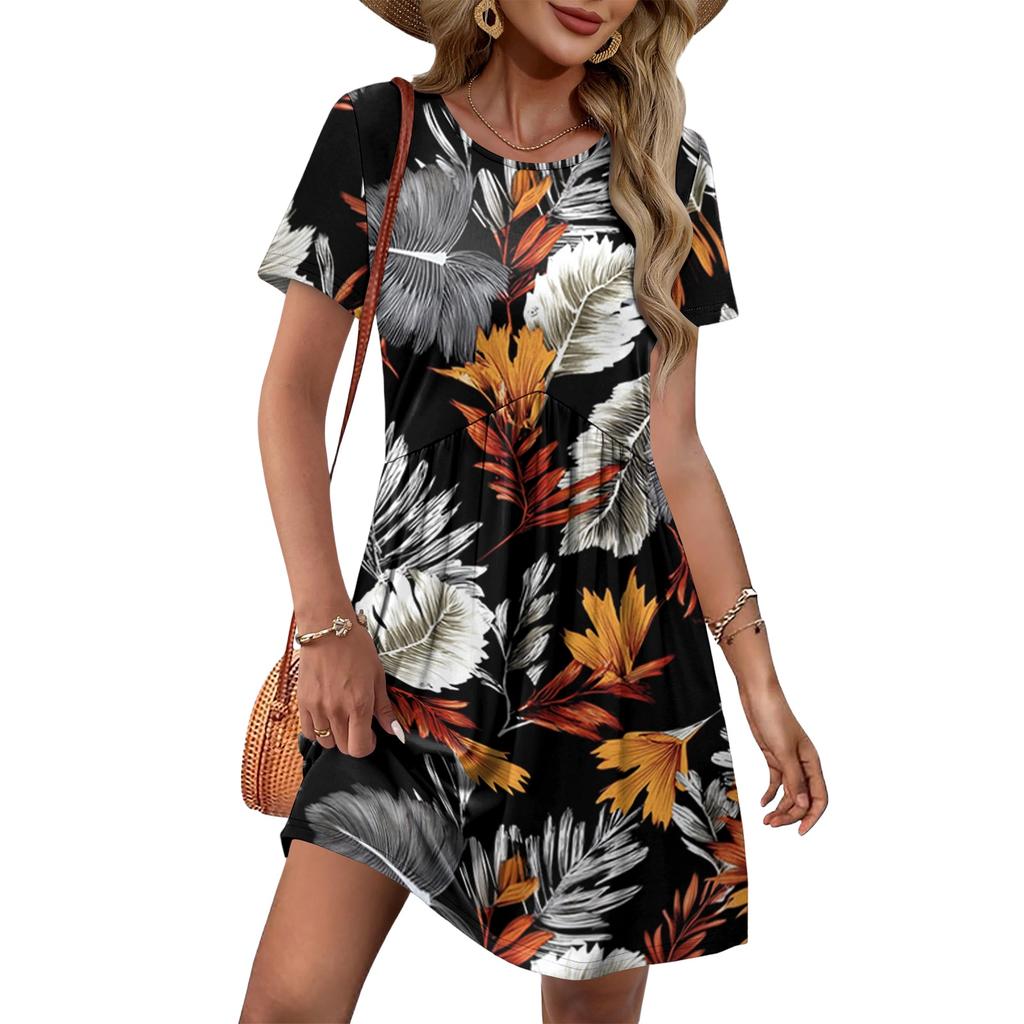 Women Short Sleeve Floral Print Crew Neck Casual Waist Tie Dress with Pockets Lightweight Relaxed Fit Summer Dress