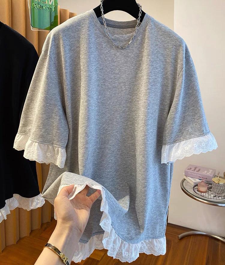 

Женские футболки больших размеров в корейском стиле с коротким рукавом, свободного кроя, с кружевной вставкой, топы с рукавом до локтя, летние хлопковые футболки с круглым вырезом M серый