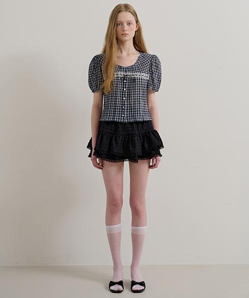 MORE THAN LIKE Check Ribbon Lace Blouse - Navy