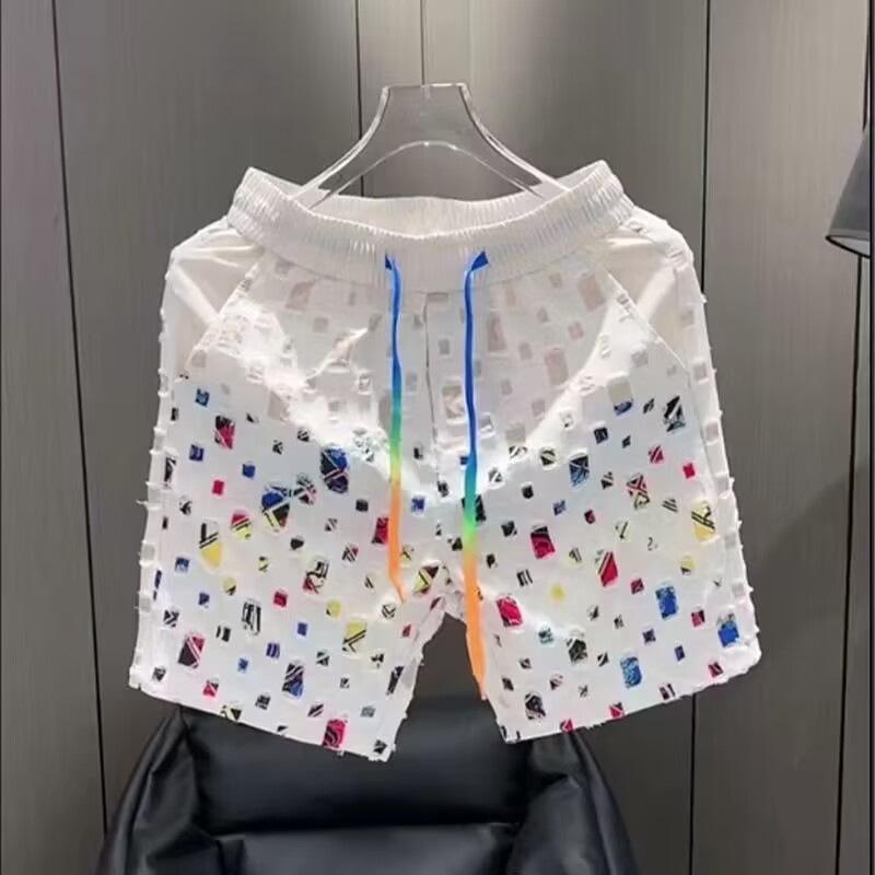 

Летние свободные шорты для пар, популярные универсальные повседневные прямые мужские пляжные шорты с цветочным рисунком маслом, гавайские повседневные шелковые шорты XS