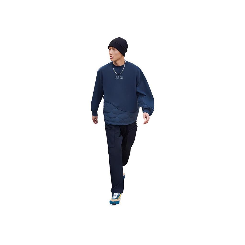 Li Ning 21FW Wu Chuang Wu Yi Logo Letter Print Splicing Solid Color Round Neck Loose Cotton Jacket Men jackets Blue AWDRA65-4