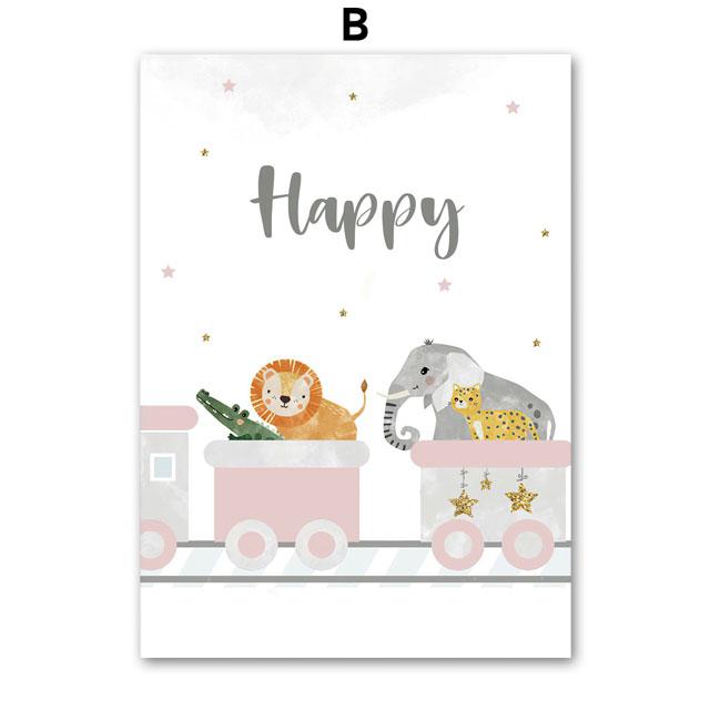 Pink Train Lion Giraffe Rainbow Balloon Flower Wall Art Canvas Prints Painting Posters Prints Pictures Girl Kids Room Home Decor