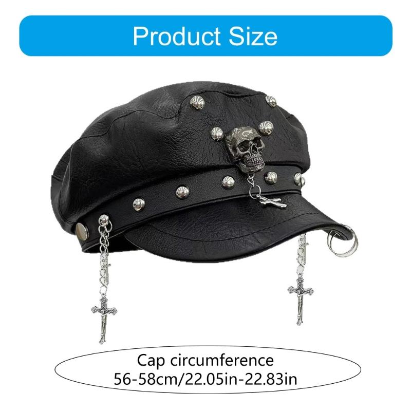 2000s Punk Rivet Studded Cricket Cap With Skull Crossed Decor Beret Hat For Women Western Theme Party Casual Outfit Accessory