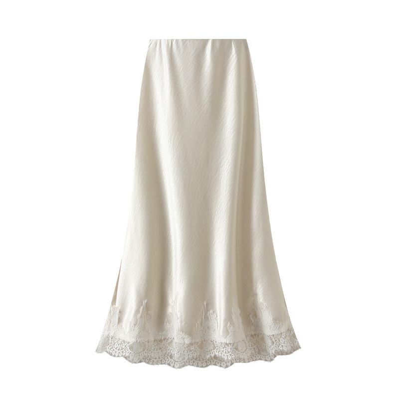 Satin Skirts for Women High Waist Silk Midi Skirt Lace Trim Flowy Cocktail Party A Line Skirt Women s Elastic Waist Elegant Skirts for Work,Wedding M абрикосовый
