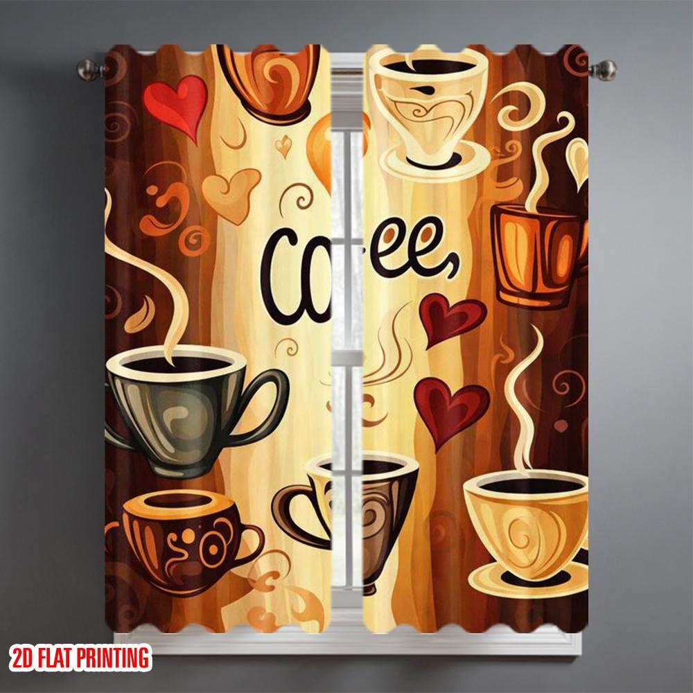 2D Flat Printing 2pcs Curtain Curtain Coffee Cups and Hearts Digital Printed Polyester Drapes Party Decorations Use for Bedroom